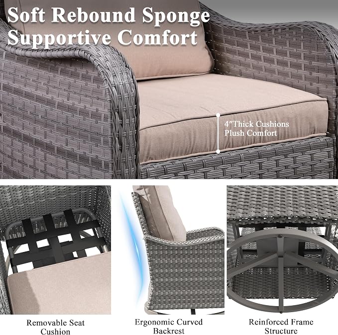 6 Piece Wicker Patio Furniture Set, Swivel Rocking Chairs with 4''Cushions, PE Rattan, Rust Resistant Frame, Double Layer Glass Side Table, for Backyard, Deck or Balcony, Beige