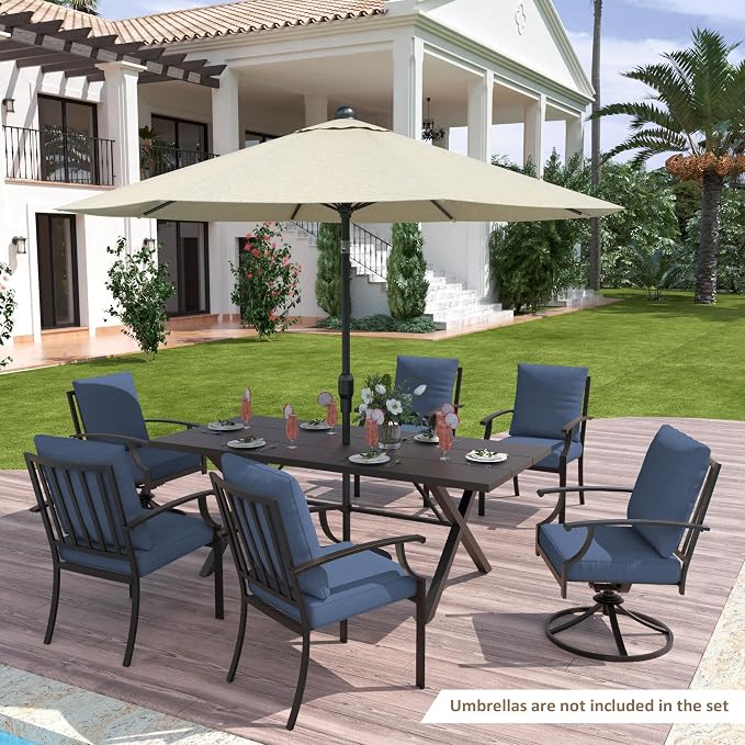 ALAULM 7-Piece Patio Dining Table and Chairs for 6 Outdoor Dining Set with 2 Swivel Chairs Patio Dining Sets with Rectangular Metal Table with Umbrella Hole for Patio, Backyard, Garden-Dark Blue