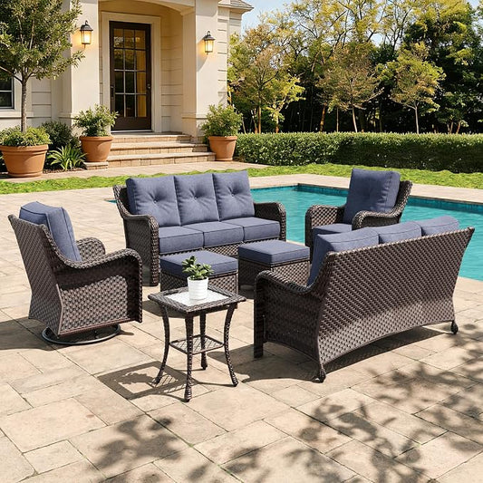 7 Pieces Outdoor Furniture Set with 6-inch Cushions, High Back Wicker Swivel Rocker Chairs with Coffee Table, Luxury Conversation Set for Deck Patio and Poolside