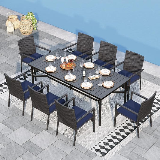 Sophia & William 9 Pieces Patio Dining Set for 8, Outdoor Patio Table and Rattan Chairs Set, 83" L Extra Large Rectangular Table, 1.8" Umbrella Hole, Beige Removable Seat Cushions