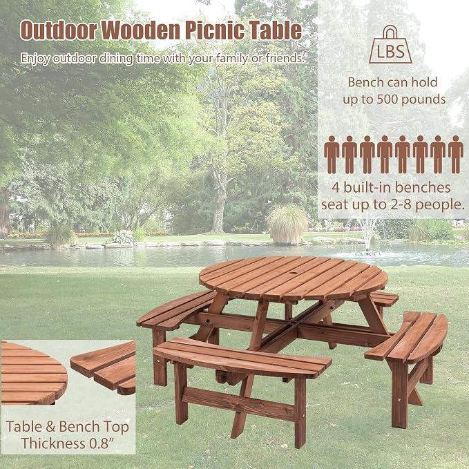 8 Person Outdoor Picnic Table with Wooden Bench, Round Picnic Table Dining Table w/ 4 Built-in Benches ,Umbrella Hole, Outside Table and Bench Set for Garden, Backyard, Porch, Patio, 2220lb Capacity