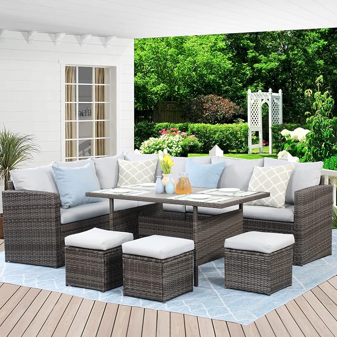 Wisteria Lane Patio Furniture Set - 7 Piece Wicker Rattan Outdoor Dining Set with Table, Chairs, Ottomans, Sectional, Grey