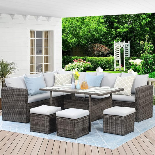 Wisteria Lane Patio Furniture Set - 7 Piece Wicker Rattan Outdoor Dining Set with Table, Chairs, Ottomans, Sectional, Grey
