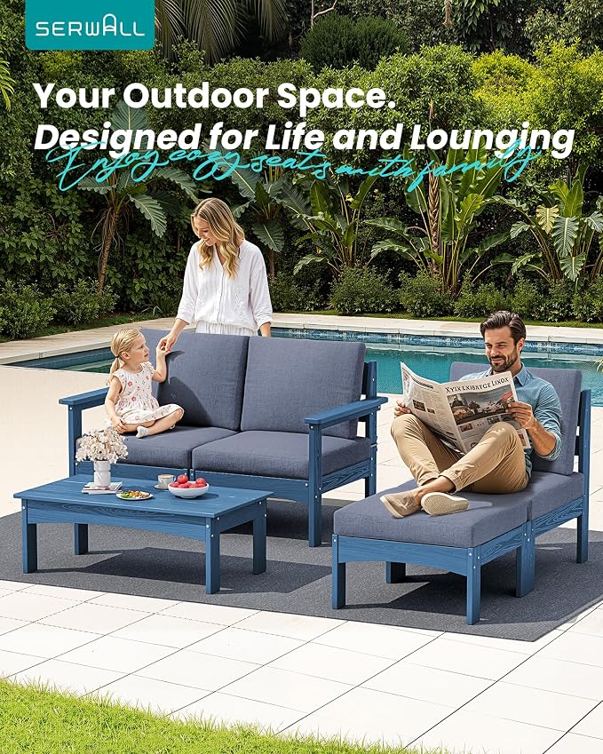 SERWALL 5-Piece Patio Sofas, All-Weather HDPE Outdoor Sectional Sofa with Cushions and Coffee Table, Large Modular Patio Conversation Set for Garden, Lawn, Deck, Porch, Blue Frame with Grey Cushion