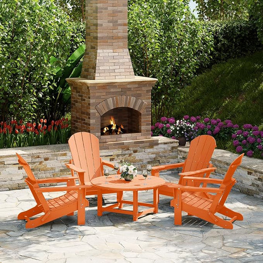 Costaelm Patio Conversation Set, 5 piece Balcony Furniture, Small Patio Firepit Furniture Outdoor Adirondack Round Coffee Table and Chair for Backyard Lawn Porch Pool Garden, Orange