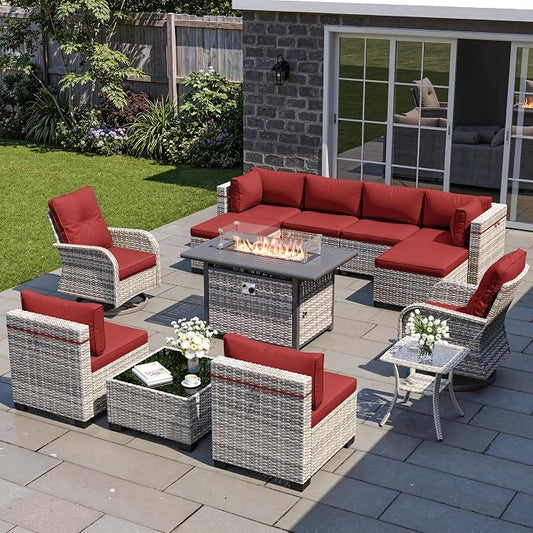 13-Piece Patio Furniture Set, Outdoor Patio Furniture with Swivel Chairs Set, Ottomans, 55,000 BTU Fire Pit Table, Modular Patio Sofa, Dual-Strand Wicker Rattan, Rust-Resistant Frame, Red