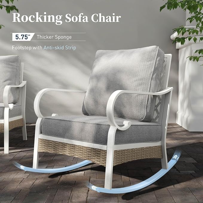 SUNSHINE VALLEY 5 PCS Metal Outdoor Patio Furniture Set, Patio Conversations Sets 3-Seater Couch, 2-Seater Sofa, 2 Rocking Sofa with 5.75" Thick Cushion and Coffee Table White Backyard Furniture, Gray