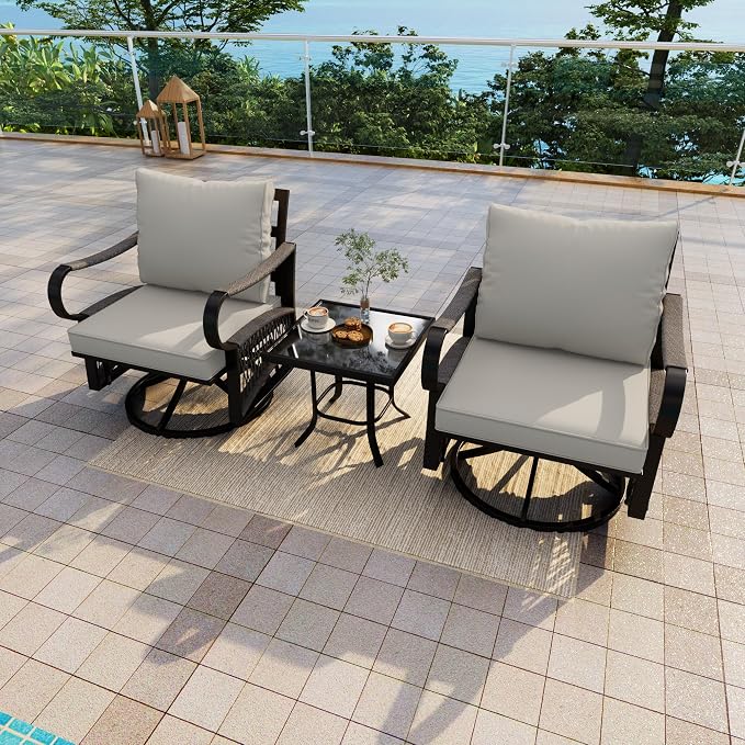 3 Pieces Outdoor Furniture Set, Metal 360° Swivel Rocking Chairs Bistro Sets, Patio Conversation Set with Side Table for Deck, Porch, Garden, Backyard, Poolside (Beige Cushions)