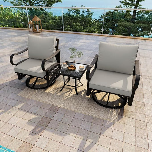 3 Pieces Outdoor Furniture Set, Metal 360° Swivel Rocking Chairs Bistro Sets, Patio Conversation Set with Side Table for Deck, Porch, Garden, Backyard, Poolside (Beige Cushions)