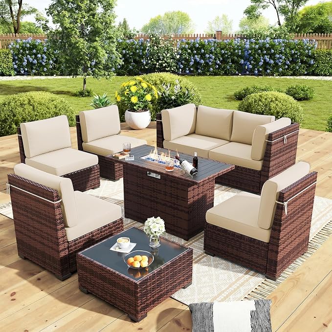 Outdoor Patio Furniture Set with 44" Fire Pit Table 8 Pieces Rattan Patio Sectional Sofa Conversation Set w/55000 BTU Propane Gas Fire Pit, Coffee Table, 2 Waterproof Covers, Khaki