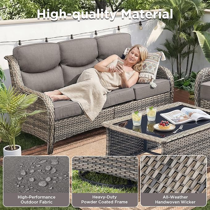 Luxury 8 Pieces Outdoor Patio Furniture Set-All Weather Wicker Swivel Rocker Patio Chairs with 6" Thick Cushion Rattan Sofa Coffee Table, Outdoor Conversation for Garden Porch Backyard(Grey/Grey)