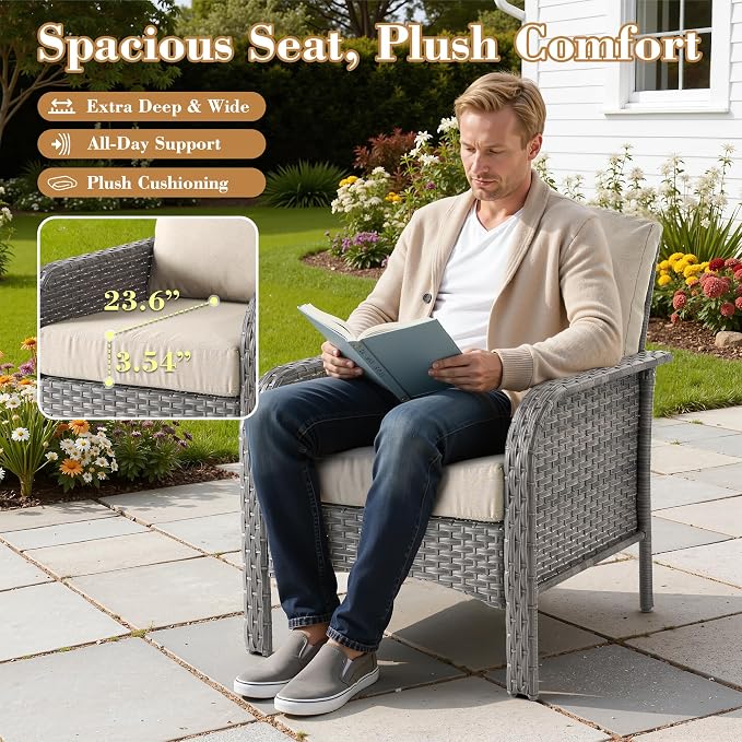 6 Pieces Patio Furniture Set, All-Weather Rattan Wicker Outdoor Furniture Loveseat Chairs with Coffee Table, High Back Conversation Set for Porch, Backyard, Balcony,Beige