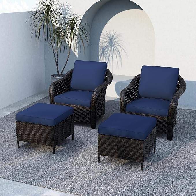 4 Pieces Patio Outdoor Conversation Furniture Set with Cushions, All-Weather Wicker Ottomans, PE Rattan 2 Chairs for Backyard, Deck, Lawn (Navy Blue)