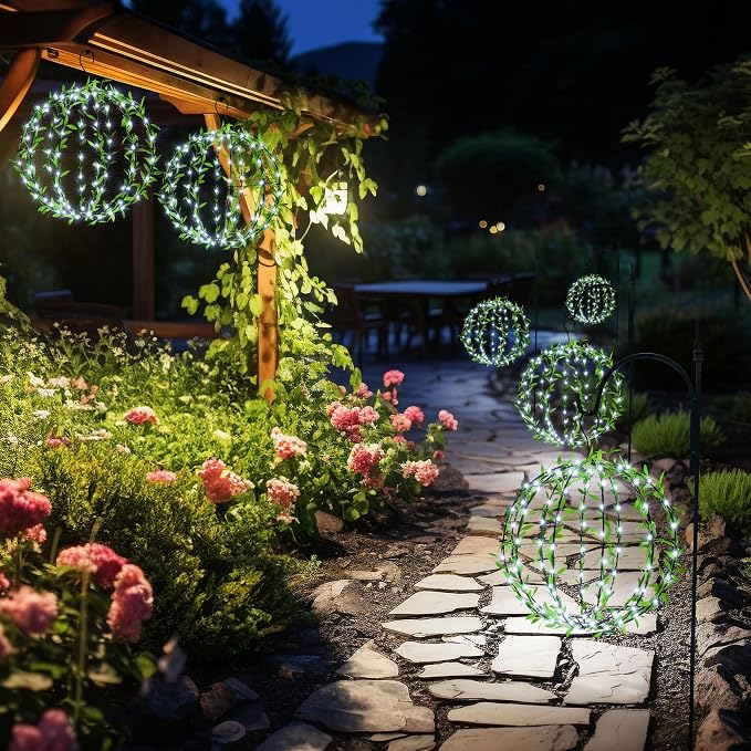Joomer Solar Ball Lights Outdoor, 2-Pack 13in & 11in Total 264 LED, White | Solar Powered Hanging Globe Metal Sphere Lights, 8 Modes Waterproof with Hooks for Patio Garden Gazebo Decorative Tree Decor