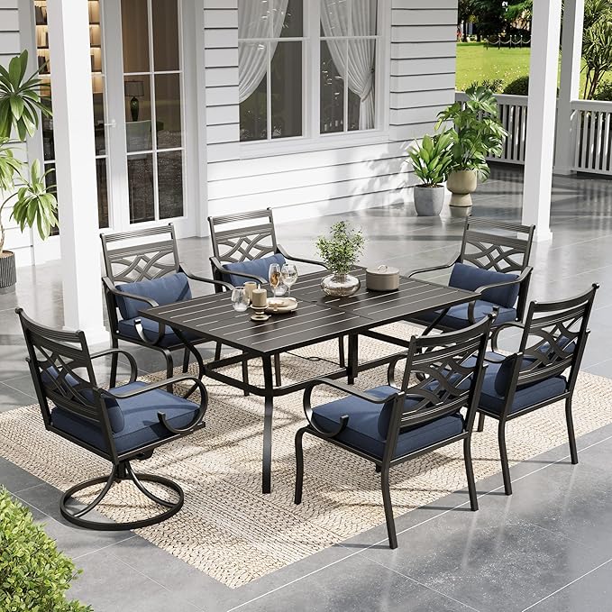 Sophia & William Patio Dining Set, Steel, Black | Umbrella Hole, Swivel Chairs, E-Coated, Cushions Included, For Patio, Garden and Yard
