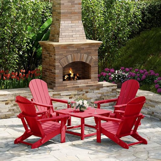 Costaelm Patio Conversation Set, 5 piece Balcony Furniture, Small Patio Firepit Furniture Outdoor Adirondack Square Coffee Table and Chair for Backyard Lawn Porch Pool Garden, Red