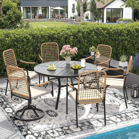 DIFY 7 Pieces Outdoor Dining Set for 6, 47.2" Black Round Metal Table with 4 Stackable Wicker Patio Chairs & 2 Swivel Chairs, Patio Furniture Set with Cushions and Umbrella Hole, Wheat Rattan
