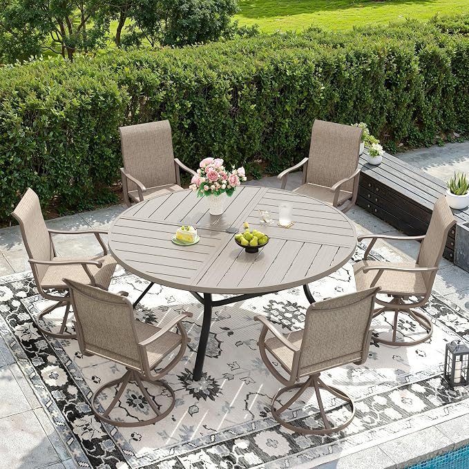 DIFY Patio Table and Chairs Set for 6, 7 Piece Outdoor Dining Set, 53.1" Grey Wood-Like Round Metal Dining Table with Umbrella Hole and 6 Sandshell Textilene Swivel Patio Chairs, for Garden Backyard