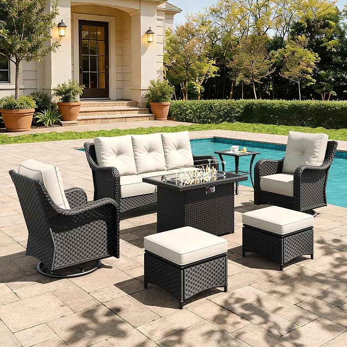 7 Pieces Outdoor Furniture Set with 6-inch Cushions, High Back Wicker Swivel Rocker Chairs with Fire Pit Table, Luxury Conversation Set for Deck Patio and Poolside