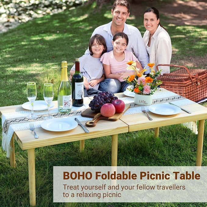 Boho Wooden Low Picnic Table, 60" x 30" Portable Foldable Beach Picnic Table for 6-8 People to Beach, BBQ, Camping, Party, Garden, Outdoor, Indoor (Extra Large)