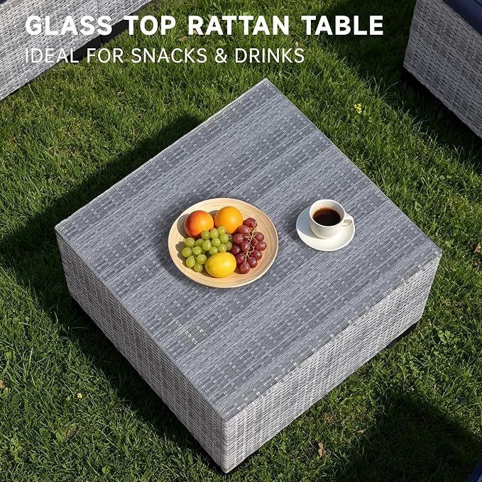 5 Pieces Outdoor Patio Furniture Set, Wicker Modular Sectional Sofa, All Weather Conversation Sets with Glass Table for Yard, Garden, Poolside, Off-White Rattan & Navy Blue Cushions