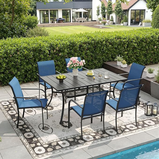 DIFY 7 Pieces Patio Dining Set for 6, Patio Furniture Includes Blue Stackable Sling Outdoor Chairs and 59.2" Rectangle Metal Black Table