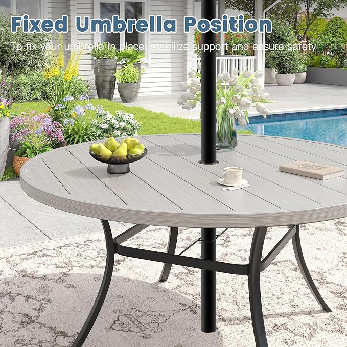 DIFY 50" Round Outdoor Patio Dining Table for 6, All-Weather Metal Patio Table with 1.57" Adjustable Umbrella Hole, Outdoor Furniture Table for Garden Backyard Deck, Grey Wood-Like
