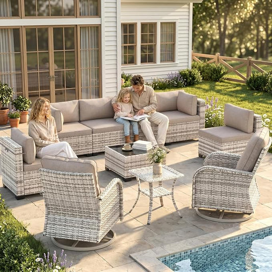 10-Piece Patio Furniture Set, Outdoor Patio Furniture with Swivel Chairs Set, Thick Cushions, Modular Patio Sofa, Dual-Strand Wicker Rattan, Rust-Resistant Frame, Sand