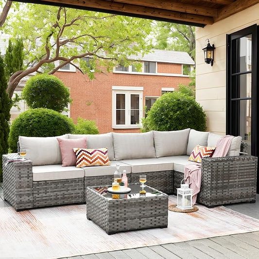 ovios 6 Pieces Patio Furniture Set, Outdoor Wicker Sectional Sofa with Coffee Table Comfy Cushions, Modern Modular Deep Seat Couch Rattan Conversation Set, Beige