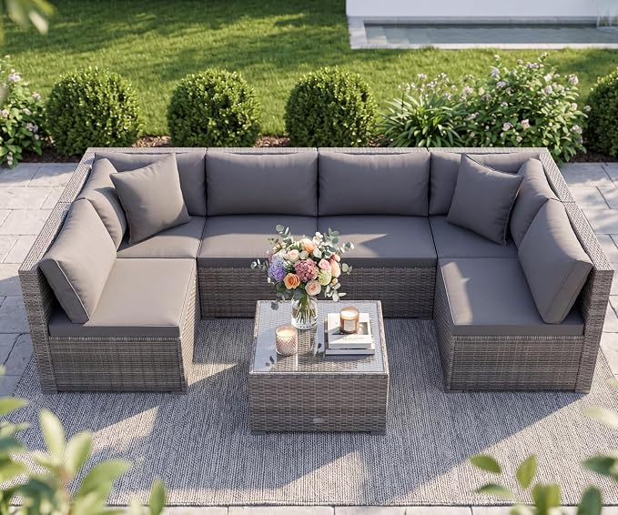 Tangkula 7 Pieces Wicker Patio Furniture Set, Outdoor Sectional Rattan Sofa Set with Seat & Back Cushions, Pillows, Coffee Table, Modular Conversation Set for Backyard, Poolside, Deck & Garden, Grey