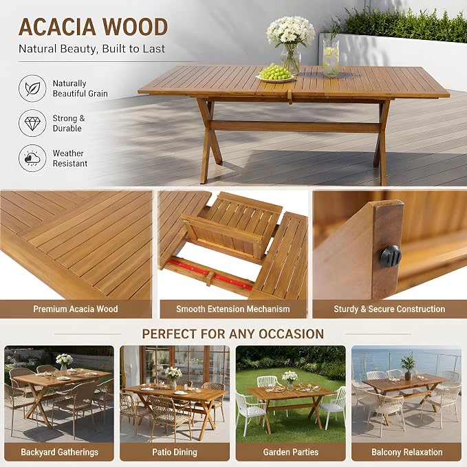 Christopher Knight Home Tomi 7 Piece Acacia Wood Outdoor Dining Table Set for 6, Extendable Dining Table and 6 Chairs with Mesh Back & Seat, Wooden Outdoor Patio Furniture Set, Teak + Black