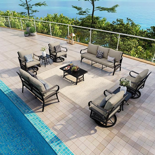 9 Pieces Patio Conversation Sets, All-Weather Metal Swivel Rocking Chairs with Rope Furniture Set, Outdoor Sofa Couch for Deck, Porch, Garden, Backyard, Poolside (Beige Cushions)