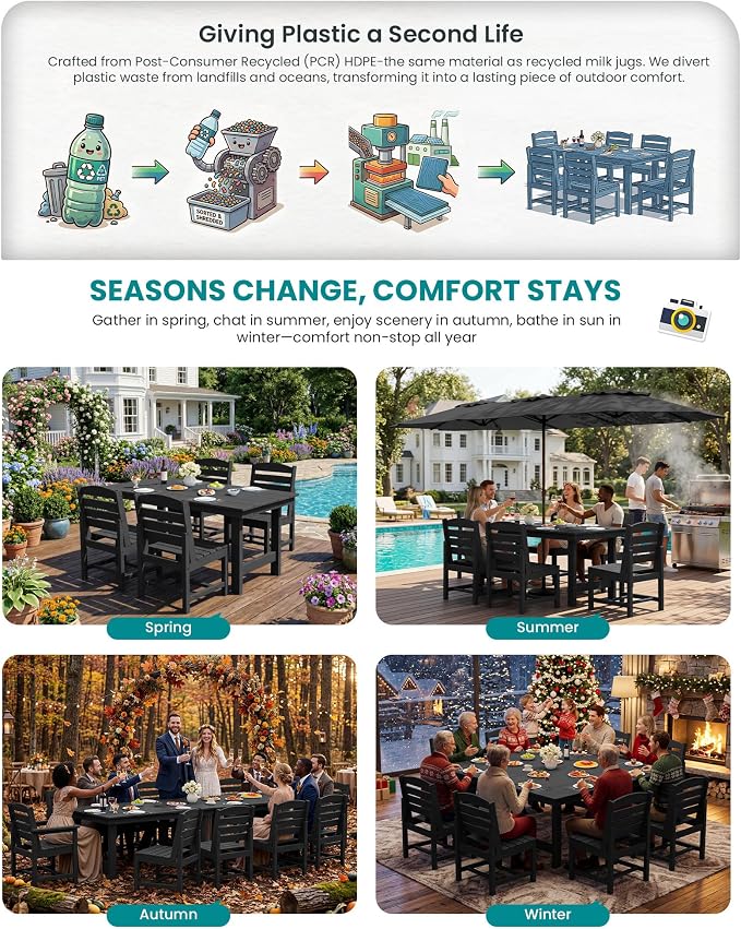 SERWALL 7-Pc HDPE Patio Dining Set, 1 Table & 6 Armless Chairs, Black | HDPE Outdoor Dining Set with Rectangular Table & 6 Armless Chairs, All-Weather Resistant SERWALL Dining Set for 6