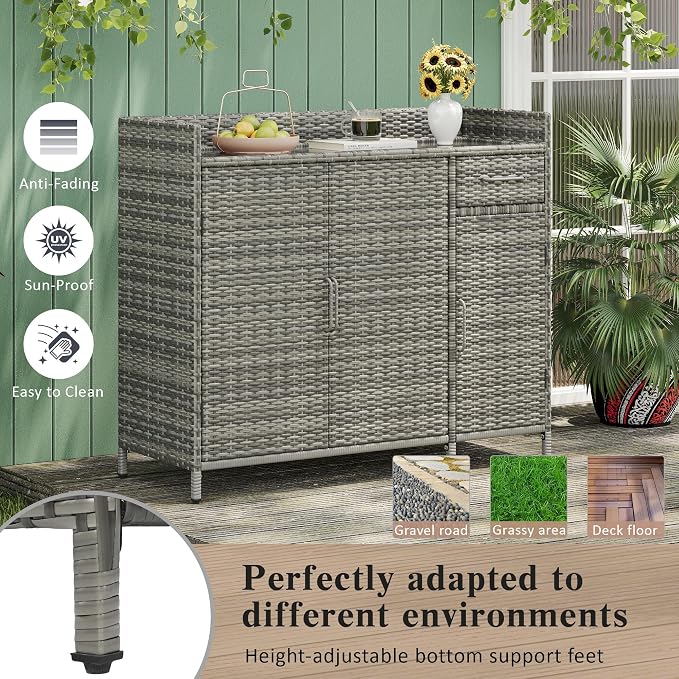 RuiSiSi Wicker Bar Table with Drawer & Adjustable Shelf for Outdoor, Rattan Buffet Cabinet Sideboard with Tempered Glass Desktop, Patio Rattan Bar Table with 3 Doors, Grey