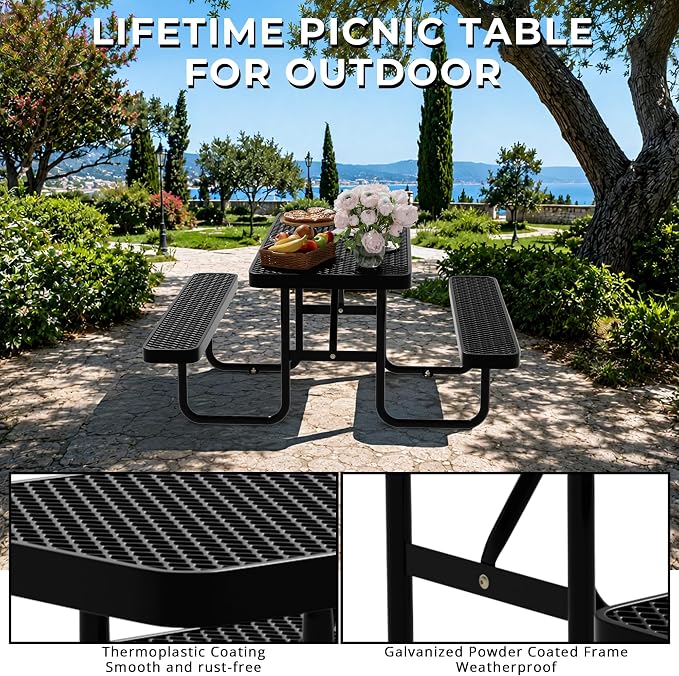 4FT Rectangular Steel Outdoor Picnic Table, Commercial Picnic Table Bench Set with Umbrella Hole, Weather-Resistant Heavy Duty School Dining Table for Stores, Park, Patio, Garden, Backyard, Black