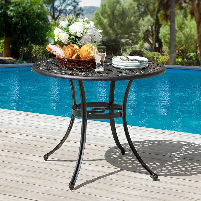 NUU GARDEN 35" Round Patio Bistro Table, Cast Aluminum Round Outdoor Bistro Table with Umbrella Hole for Poolside, Deck, Porch, Backyard, Balcony, Black with Antique Bronze Edge
