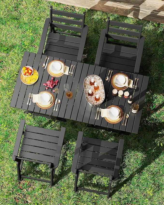 GREENVINES 5-Piece-Outdoor-Table-and-Chairs | HDPE | Patio Furniture | Slatted Dining Sets for 4 | Removable Armrests | Connectable Tables | All Weather | for Backyard Poolside Garden | Black