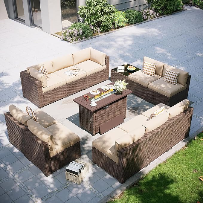 Aoxun Patio Furniture Set with Fire Pit Table, 12 Piece Outdoor Sectional Sofas, 10 Seats Wicker Outdoor Furniture with Thickened Cushion for Backyard, Garden (Brown Rattan Beige Cushions)