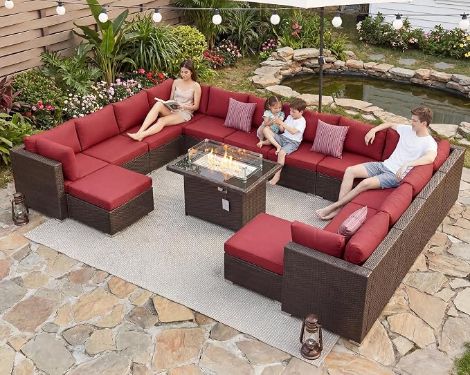 NICESOUL 15 Piece Outdoor Sectional with Fire Pit Table, Modern Luxury Patio Deep Seating w/Firepit, 29.3'' High-Back Wicker Couch Thick, Big High-Weight Capacity Sofa for Garden, Yard, Brown & Red