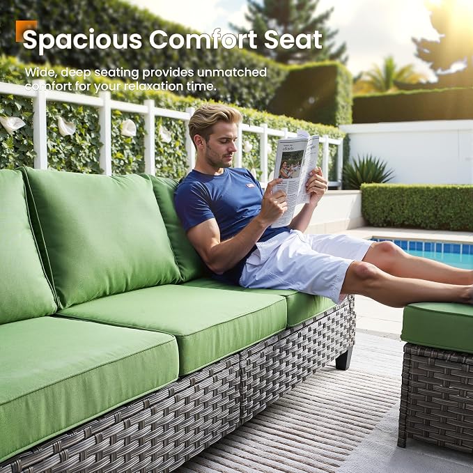 CAODOC 5 Pcs Patio Conversation Set for 7 Seats, Rattan Wicker Outdoor Patio Furniture Set, 2 x Single Chair, 2 x Ottoman, 3-Seat Sofa for Lawn Garden Backyard(Green)