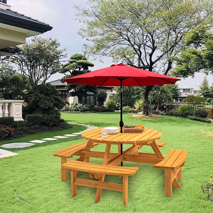 8 Person Outdoor Picnic Table with Wooden Bench, Round Picnic Table Dining Table w/ 4 Built-in Benches ,Umbrella Hole, Outside Table and Bench Set for Garden, Backyard, Porch, Patio, 2220lb Capacity