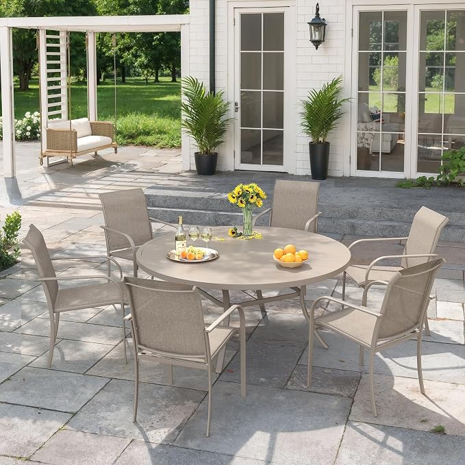VICLLAX 7 Pieces Patio Outdoor Dining Set, 50" Round Metal Table with Umbrella Hole and 6 Stackable Textilene Chairs for Lawn, Garden, Porch, Sandshell
