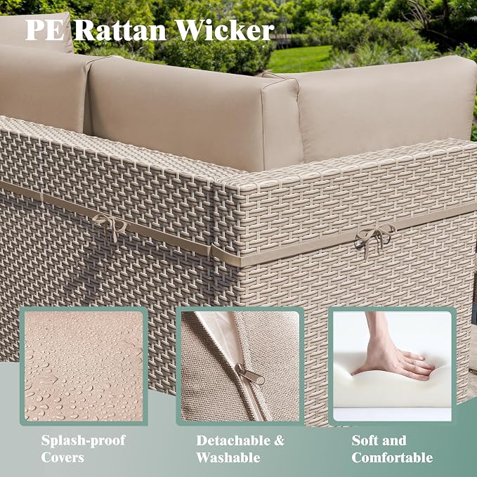 11 Pieces Patio Furniture Set with Fire Pit Table, Outdoor Sectional Wicker Sofa with Thick Cushions, High Back Swivel Rocker Patio Chairs, Rattan Conversation Set with Coffee Table, Khaki