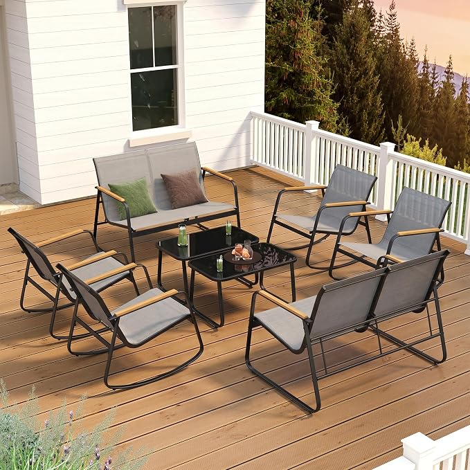 Ahomly 8-Piece Outdoor Patio Furniture Set, Textilene Conversation Set with Rocking Chairs, Loveseat, and Tempered Glass Coffee Table, for Lawn, Garden, Balcony, Poolside (Grey)