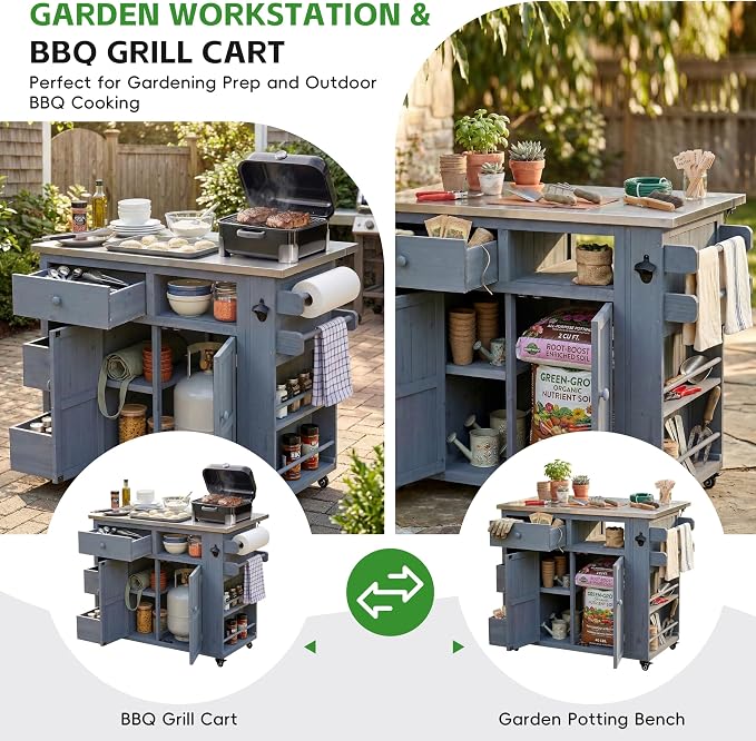 RUNNA 4-Piece Outdoor Rolling Kitchen Island with Sink w/Faucet, Solid Wood Grill Table with Storage Cabinets, Drawers, Stainless Table Top and Movable Shelves for Garden (Gray#38)