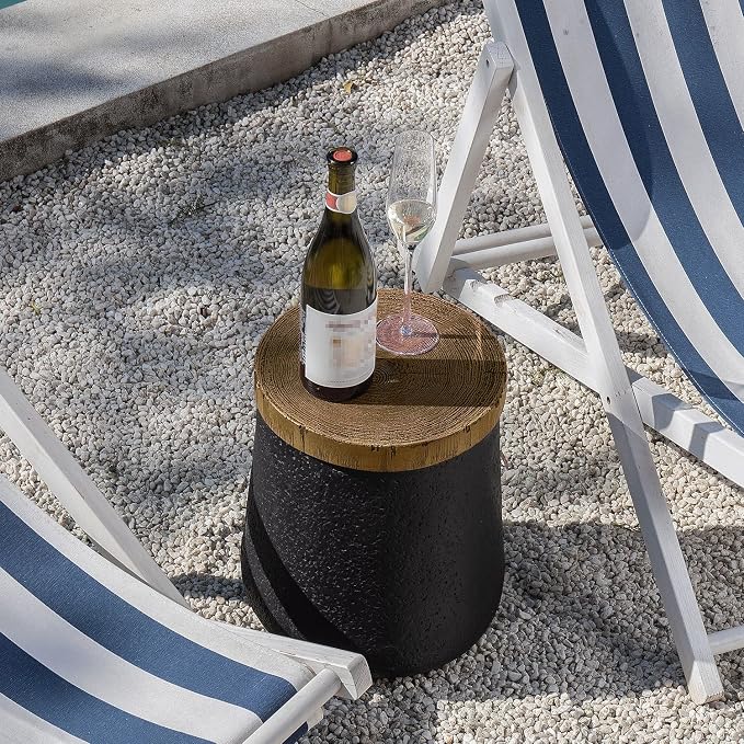 COSIEST Drum End Table Cylinder Shaped Concrete Side Table Faux-Wood Top, Black Outdoor Accent Table with Tree Trunk Slice Hand Painted, Accent Stool