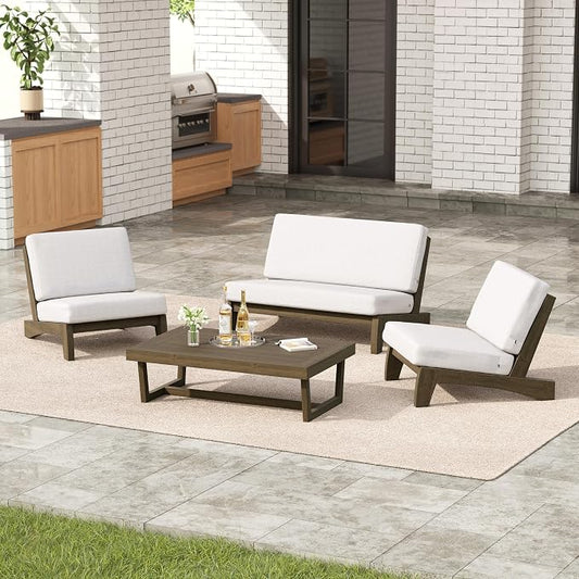 4 Pieces Patio Furniture Sets, All-Weather Outdoor Wood Bistro Set Patio Conversation Coffee Table Chiars and Patio Loveseat for Balcony, Backyard