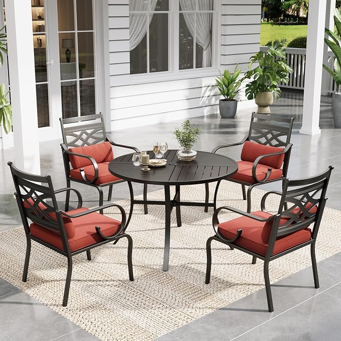Sophia & William Patio Dining Set, Steel, Black | Umbrella Hole, E-Coated, Cushions Included, For Patio, Garden and Yard