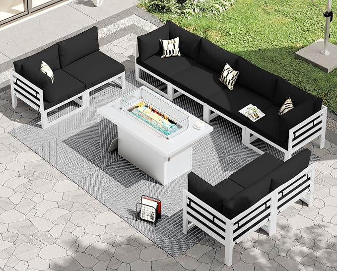 RADIATA 9 Pcs Large Modern Aluminum Outdoor Sofa with Rectangular Fire Pit Table, 29" Deep Wide Seat, 500 lbs Durable Sectional Set for Heavy People, All-Weather Patio Furniture Set for Terrace, Black
