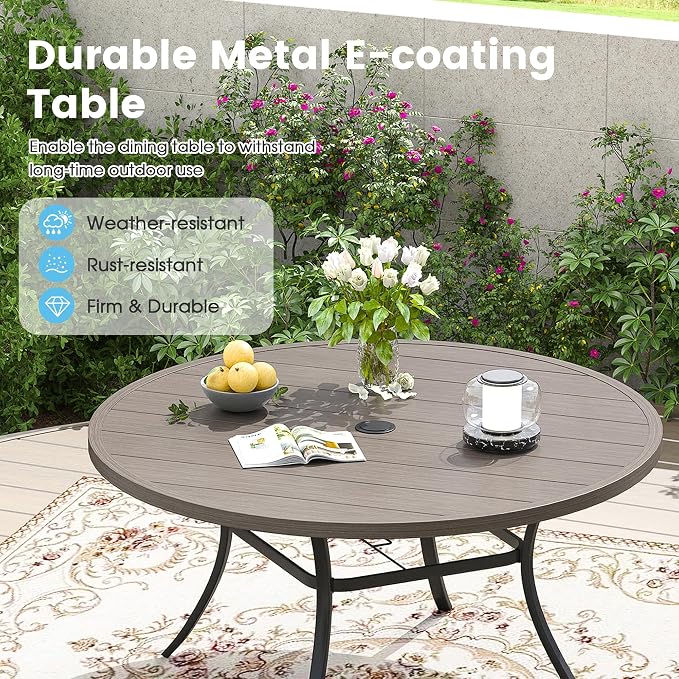 Patio Dining Table for 6-8, Round Metal Outdoor Table with 1.57" Umbrella Hole, 50" Outdoor Slat Tabletop Dining Table for Backyard, Porch, Lawn, Grey